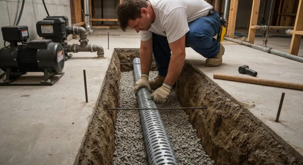 Basement Sump Pump Waterproofing Installation | Effective Basement Solution Tbasement waterproofing system with installed sump pump to protect against flooding foundation damage and mold growth | effective basement solution