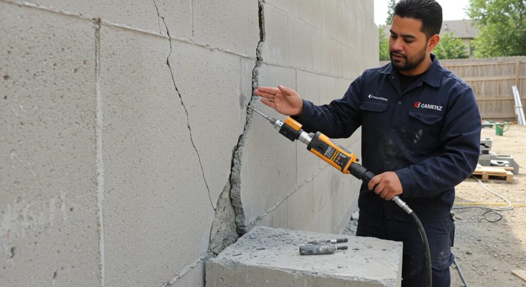 0a72595890a24efe8e43a3e93658011fwebp | Effective Basement Solution Technician demonstrating foundation repair methods for cracks and wall bowing | effective basement solution