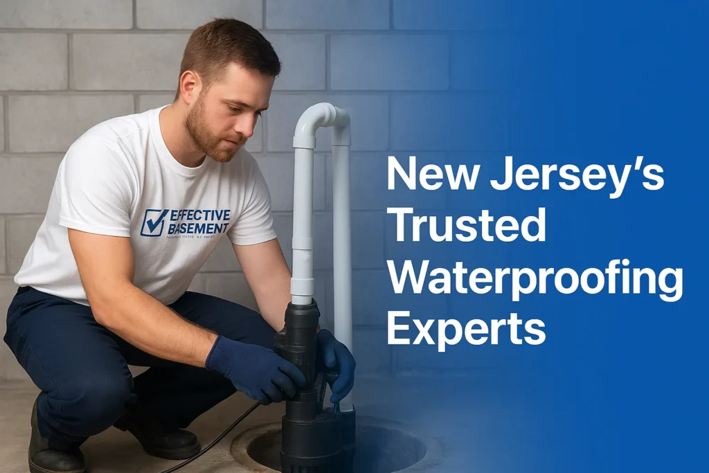 Battery Backup Sump Pump Installation in New Jersey | Effective Basement Solution Man in a white shirt with "Effective Basement" logo installing a sump pump in a basement, emphasizing New Jersey's trusted waterproofing experts.