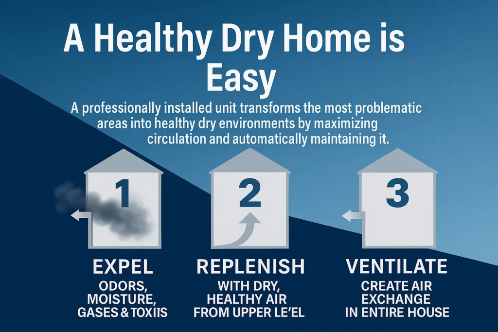 Ac5dfa517bf64e148709e90db823c004webp | Effective Basement Solution A Healthy Dry Home is Easy infographic illustrating three steps: expel odors and moisture, replenish with healthy air, and ventilate for air exchange, emphasizing basement air quality improvement solutions.