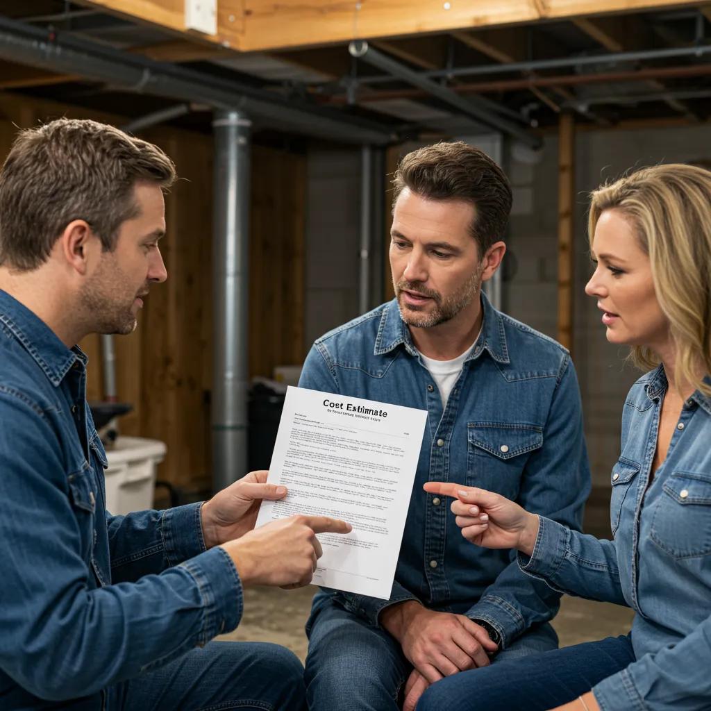 Contractorexplainingbasementwaterproofingcoststoahomeownerinabasementsetting63e790e8dd65488aaba558fddbe72ba4webp | Effective Basement Solution Contractor explaining basement waterproofing costs to a homeowner in a basement setting | effective basement solution