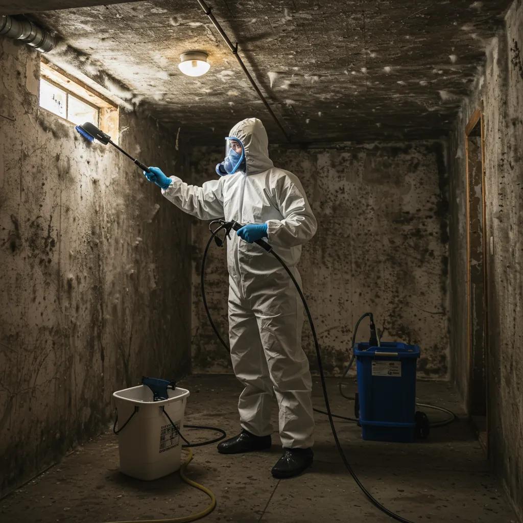 Professionalinspectingandcleaningmoldinabasementhighlightingmoldpreventionandremediationstrategies06c564c31ecd44e28f37a549ccd426b3webp | Effective Basement Solution A professional meticulously inspecting and cleaning mold in a basement symbolizing comprehensive mold prevention and remediation strategies for a healthier home | effective basement solution