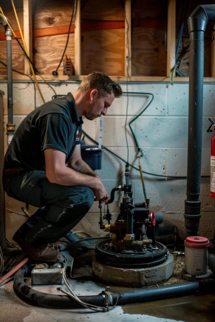 Technician performing maintenance on a sump pump system in a basement | effective basement solution