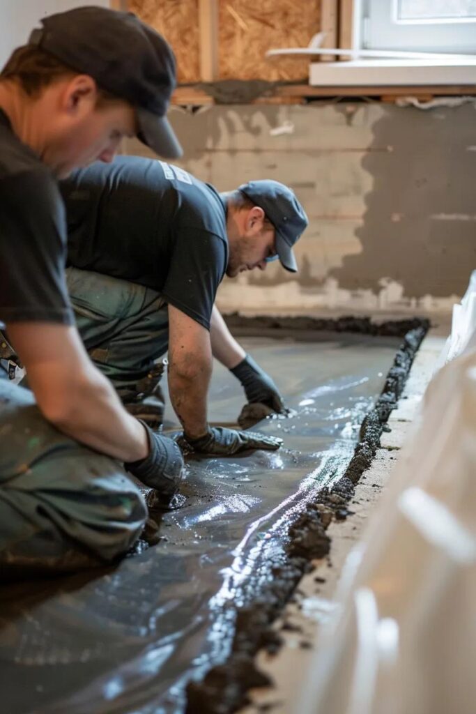 Professional team installing basement waterproofing system in a residential home | effective basement solution