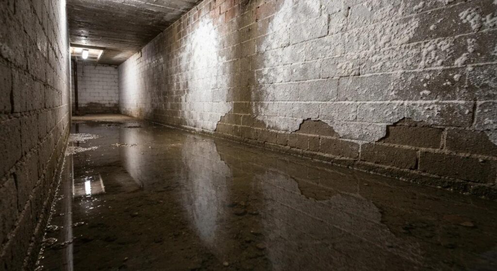 Typical basement water problems standing water and efflorescence on masonry walls | effective basement solution