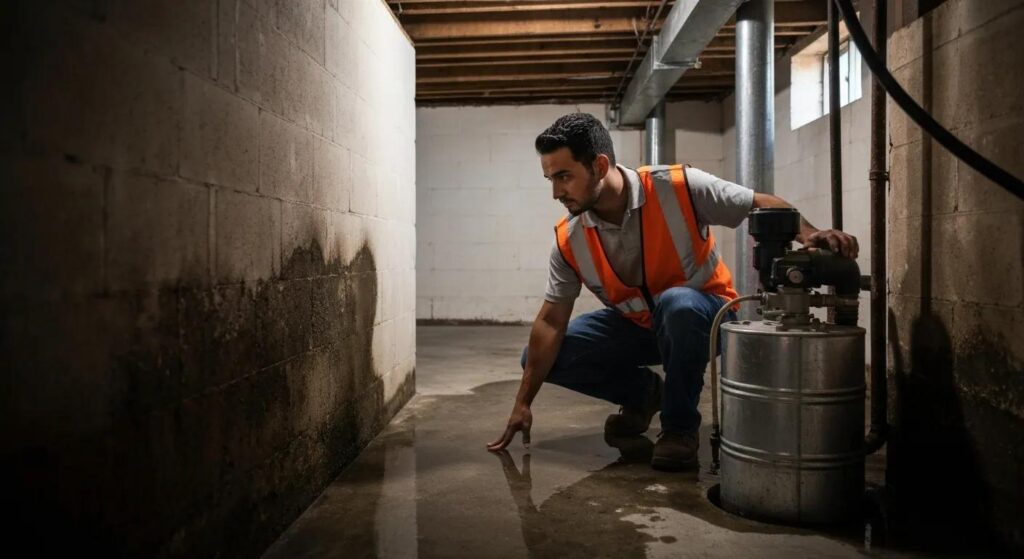 Technician inspecting a springfield basement for moisture issues and sump pump placement | effective basement solution