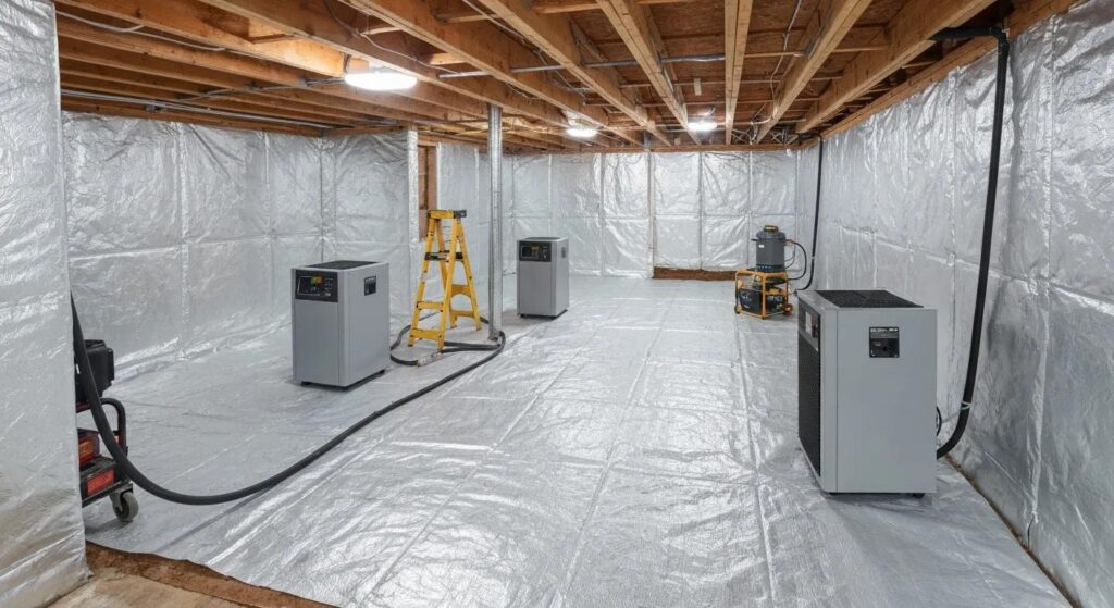 4fecb0c9-75ff-4726-9a68-21adb442f2b9webp Crawl space encapsulation setup with dehumidifiers, vapor barrier, and maintenance equipment in a basement, emphasizing moisture control and air quality improvements.