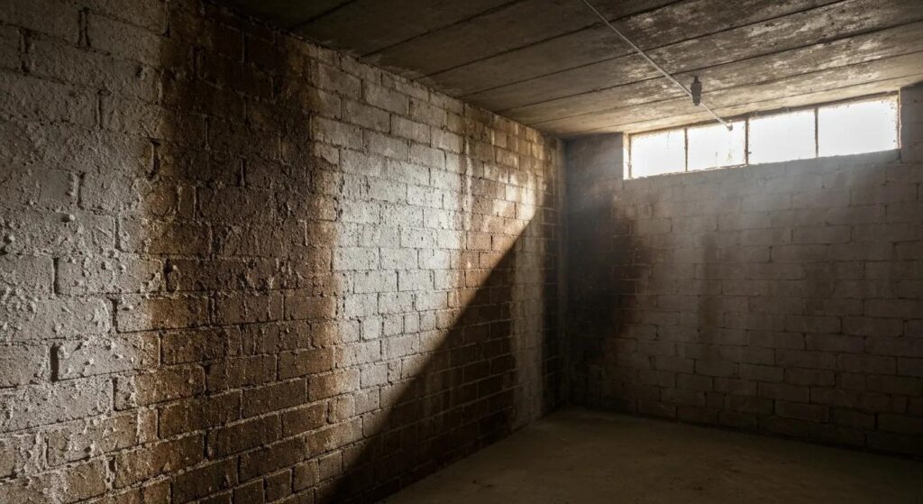 5ee52a2c-cfe4-4ba8-900b-59c301ffaff1webp Damp basement wall with water stains and efflorescence, illustrating signs of moisture intrusion and potential structural issues related to basement waterproofing.