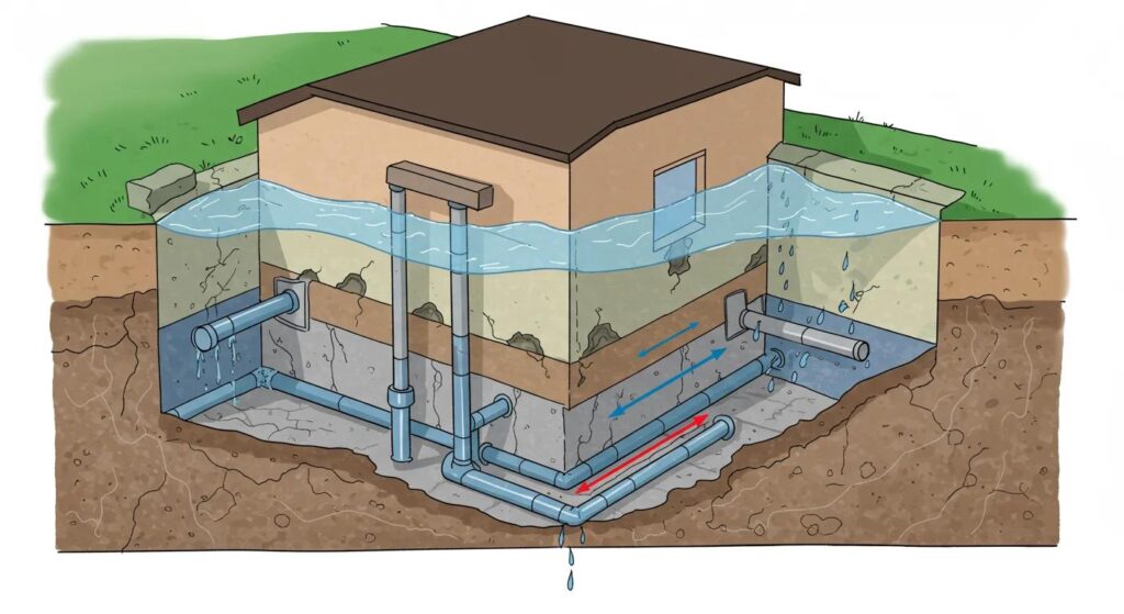 6ddfefbb69eb42b9904d022c8b7ba4a1webp | Effective Basement Solution Illustration of hydrostatic pressure affecting basement foundation with water intrusion | effective basement solution
