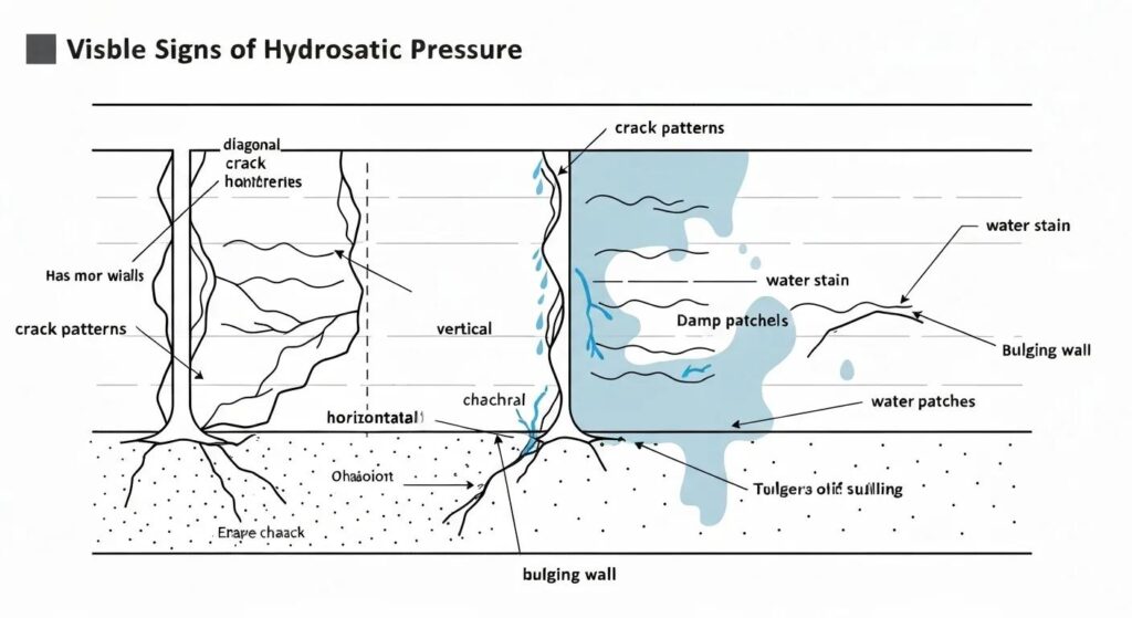 7d29e4bc-5c24-4417-984b-ded699ef2e51webp Diagram illustrating visible signs of hydrostatic pressure, including crack patterns, water stains, bulging walls, and damp patches, relevant to moisture management in basements.
