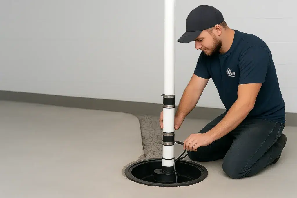 Technician performing sump pump maintenance NJ basement