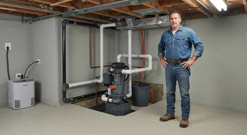86ac9cb8fa2141af8aca21c4ff74464cwebp | Effective Basement Solution Sump pump installation in a basement preventing water accumulation | effective basement solution