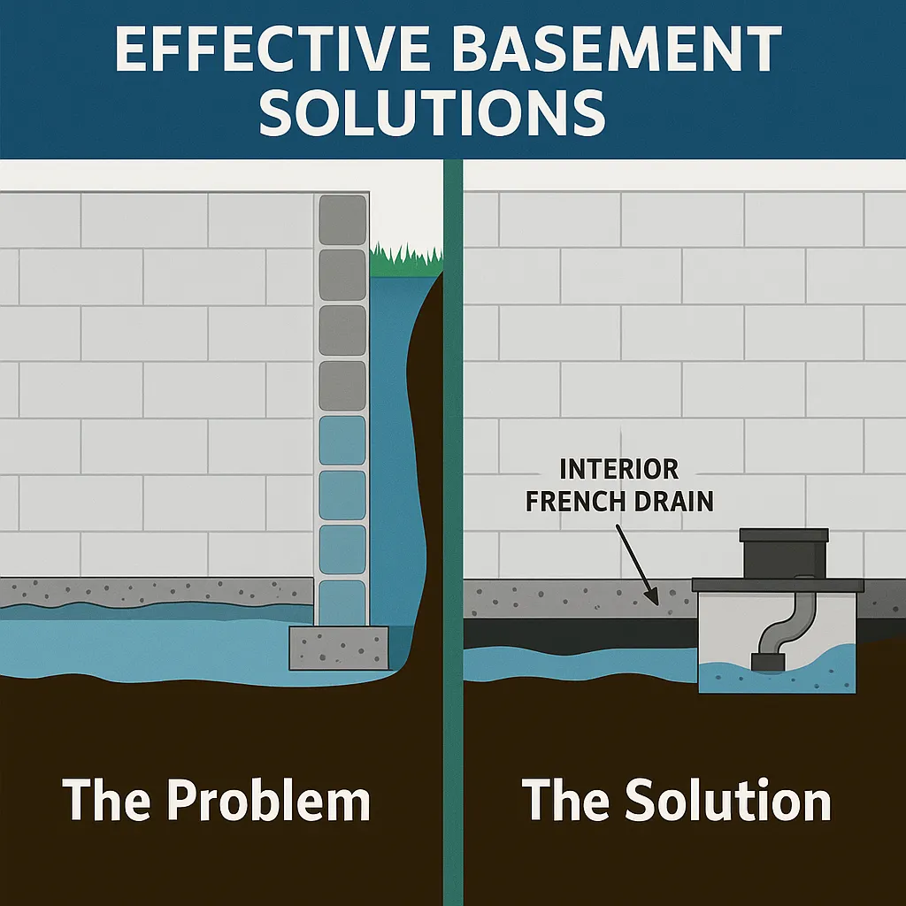 Illustration showing basement waterproofing solutions, depicting water damage on the left labeled "The Problem" and an interior French drain system on the right labeled "The Solution," highlighting effective basement waterproofing methods by Effective Basement Solutions.
