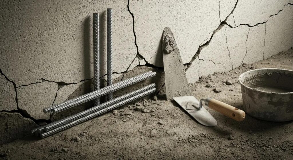 Ae919c2c5de64e9a8e16222aa04c9104webp | Effective Basement Solution Close up of a foundation wall with cracks and repair tools for structural reinforcement | effective basement solution