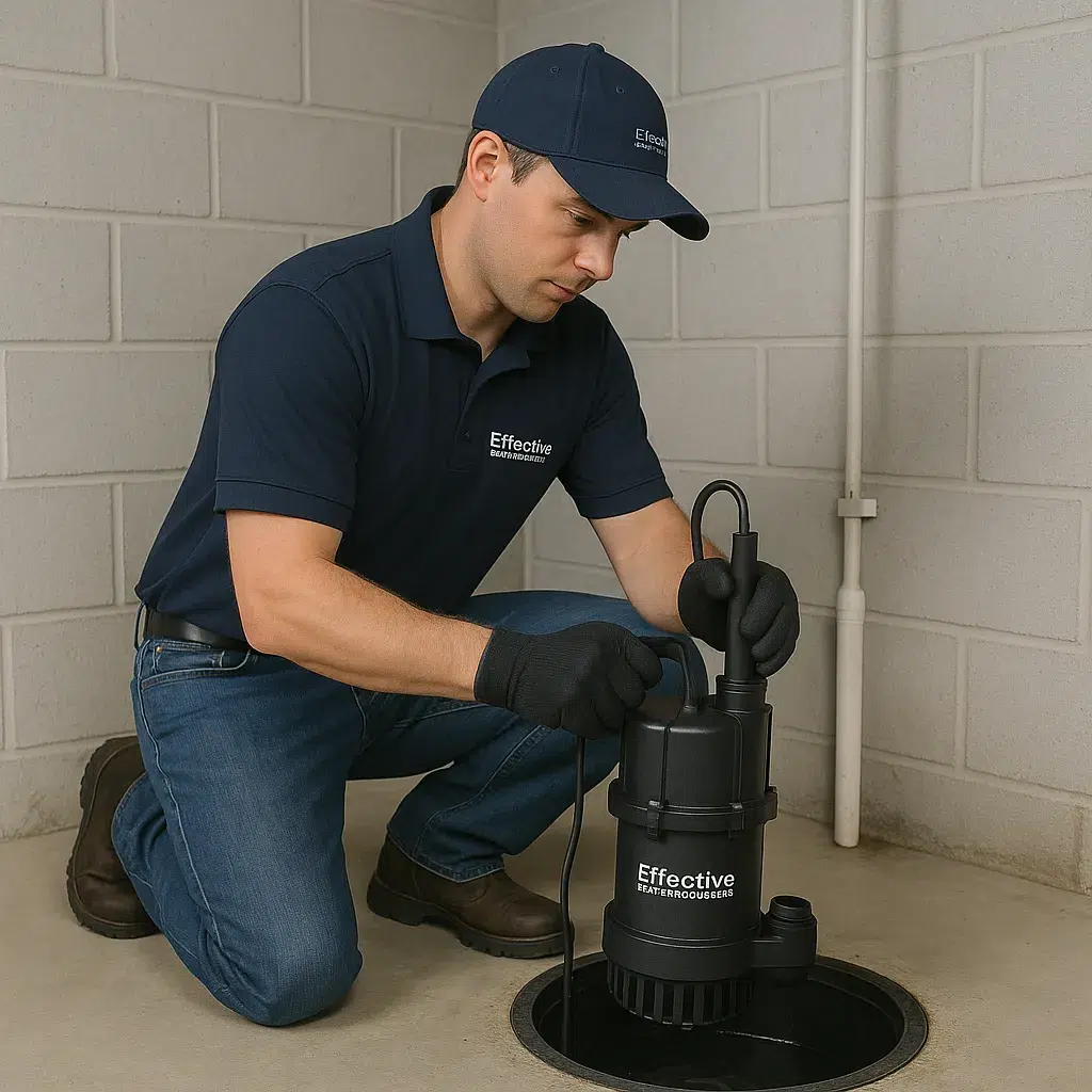 Technician installing a submersible sump pump in a New Jersey basement to prevent flooding | Effective Basement Solutions