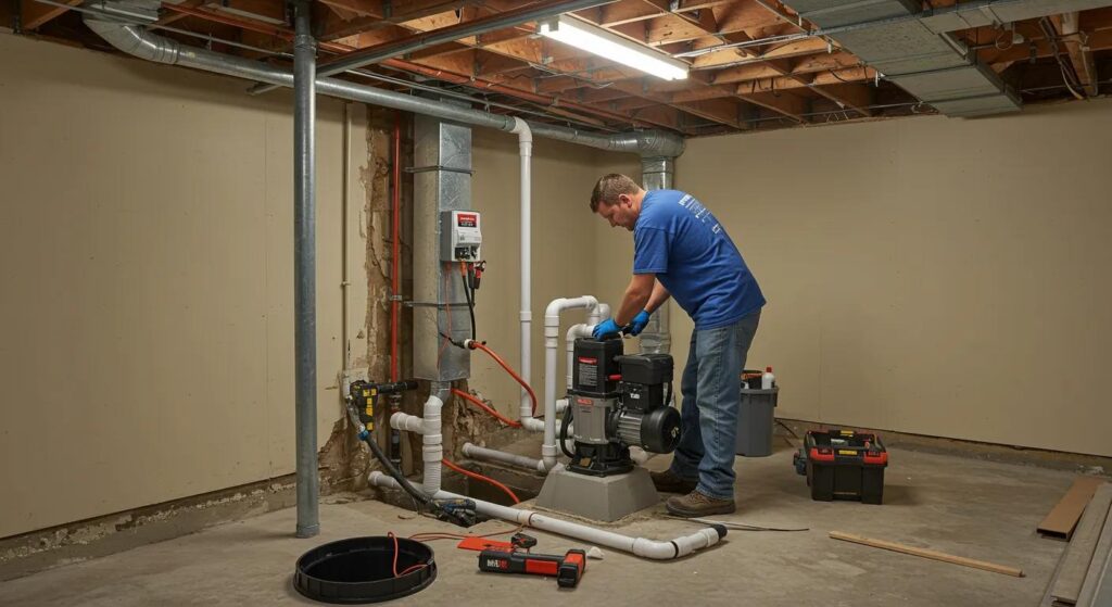 D18c0115718c4a7496286a45e0e31222webp | Effective Basement Solution Sump pump installation in a basement with technician and components visible | effective basement solution