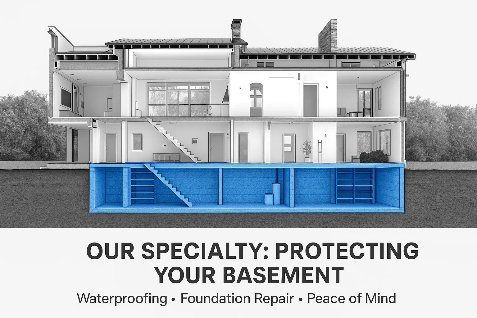 D7430962ed6f4a59876eff36a0292324webp | Effective Basement Solution Cutaway illustration of a house showing basement waterproofing features, emphasizing protection against water intrusion with labeled areas for waterproofing, foundation repair, and peace of mind.