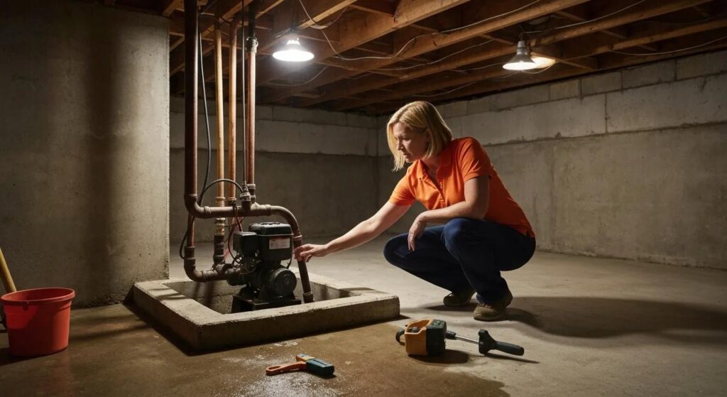 Homeowner checking a sump pump for warning signs in their basement | effective basement solution