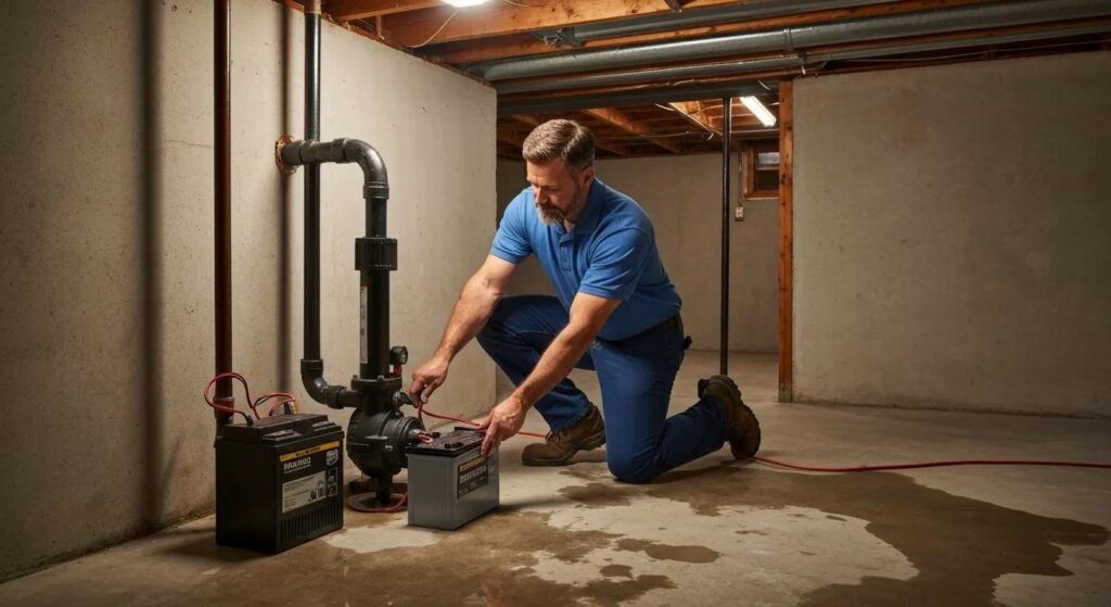 ea79f917-51c2-4669-ae7c-551a1868cb1bwebp Man installing a sump pump and battery backup system in a basement, ensuring flood protection and moisture management for home waterproofing.