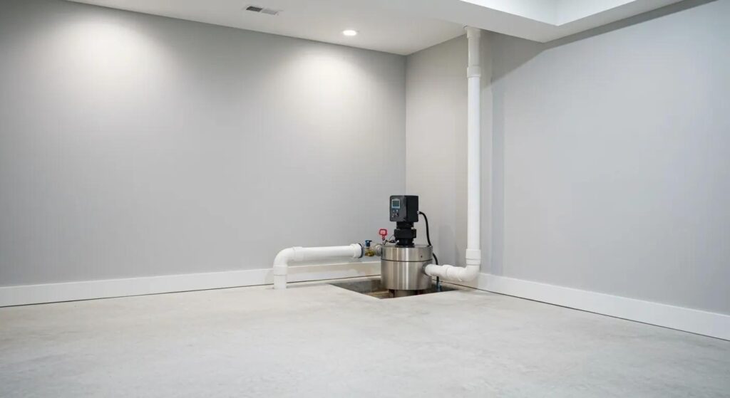 New sump pump installed in a dry well lit basement | effective basement solution