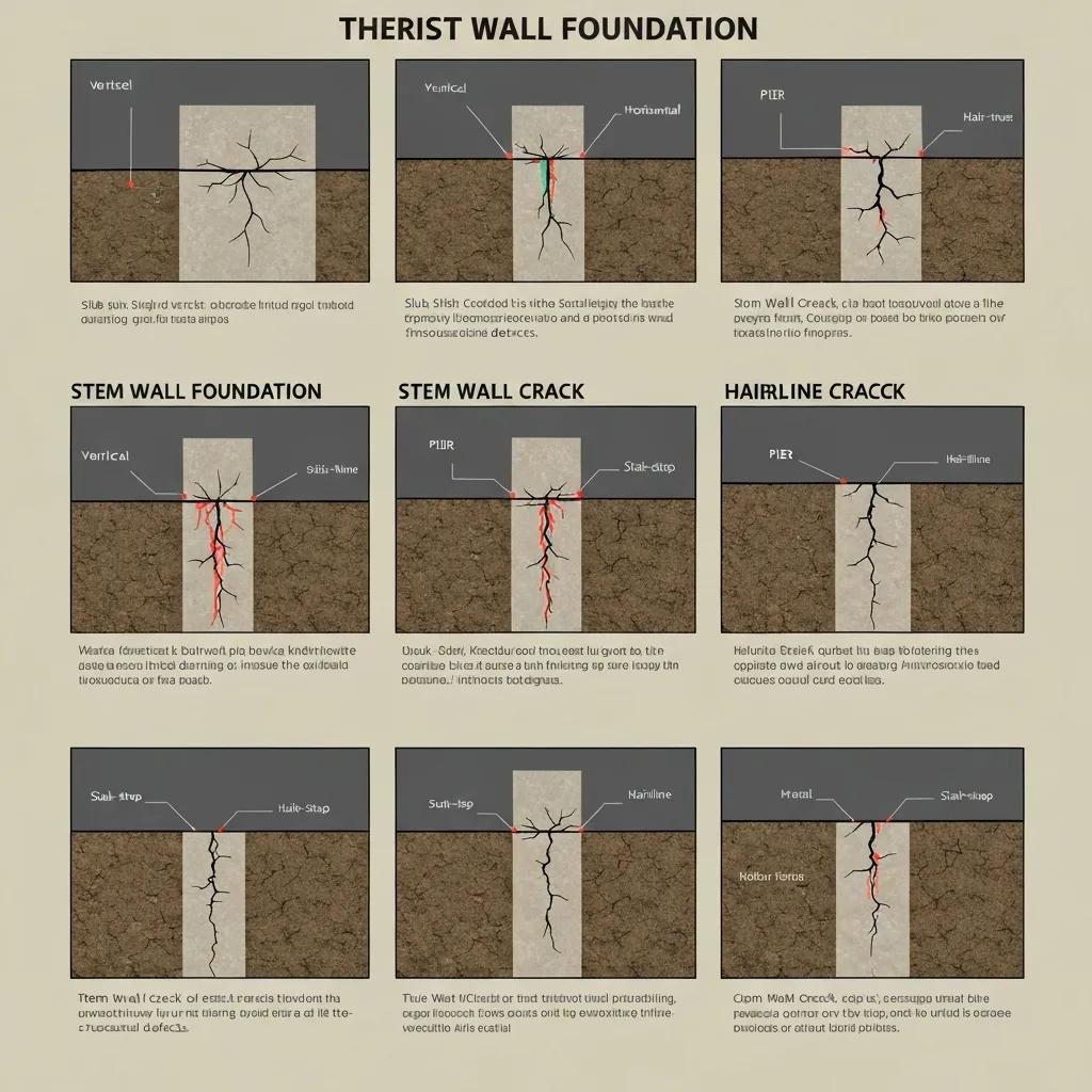 Illustrationofvariousfoundationcracktypesincludingverticalhorizontalstairstepandhairlinefractures9ed04a18a31749a7ac93aa0ffae06be3webp | Effective Basement Solution Diagram showing vertical horizontal stair step and hairline foundation cracks to help identify common patterns | effective basement solution