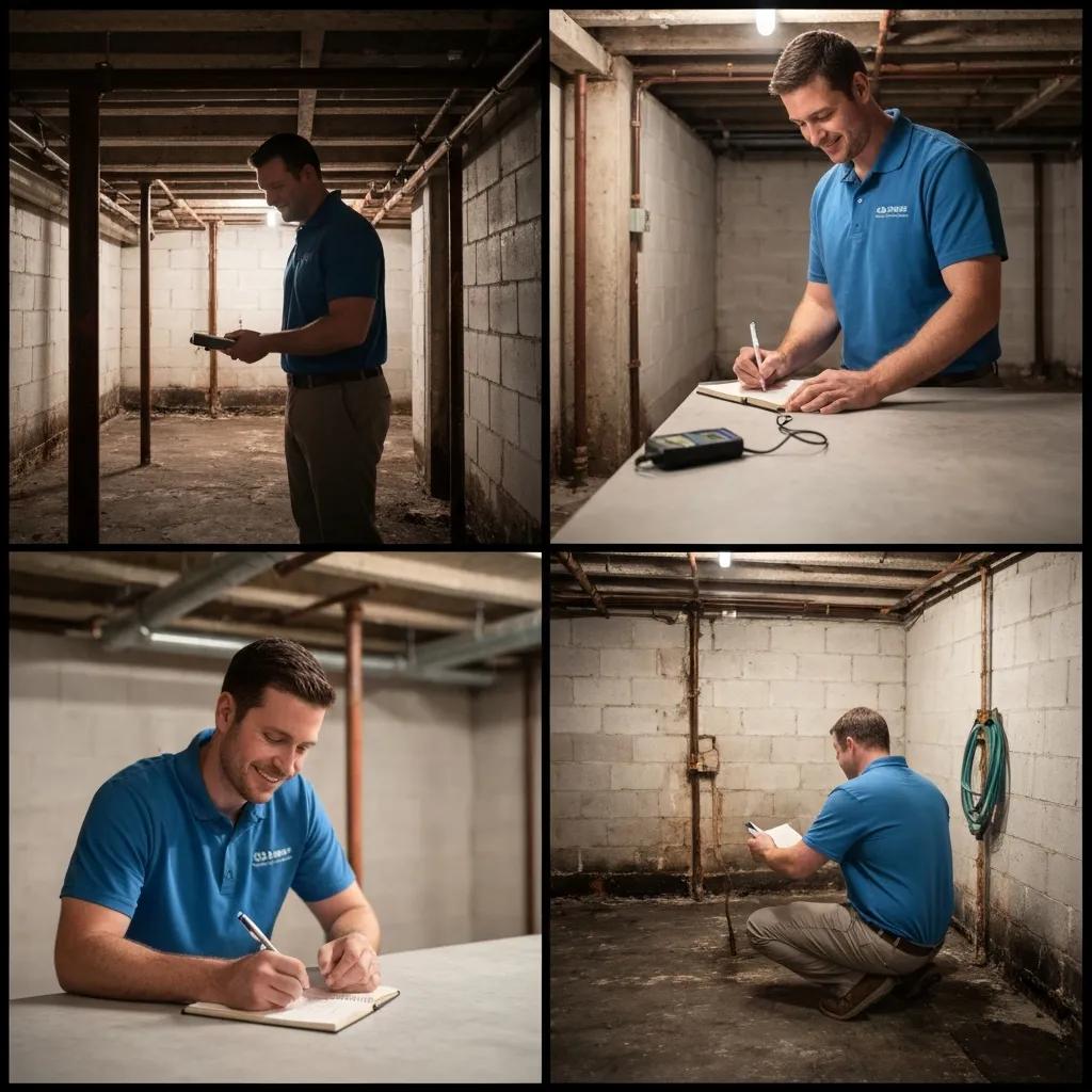 Inspector performing a basement waterproofing inspection taking notes and testing moisture | effective basement solution