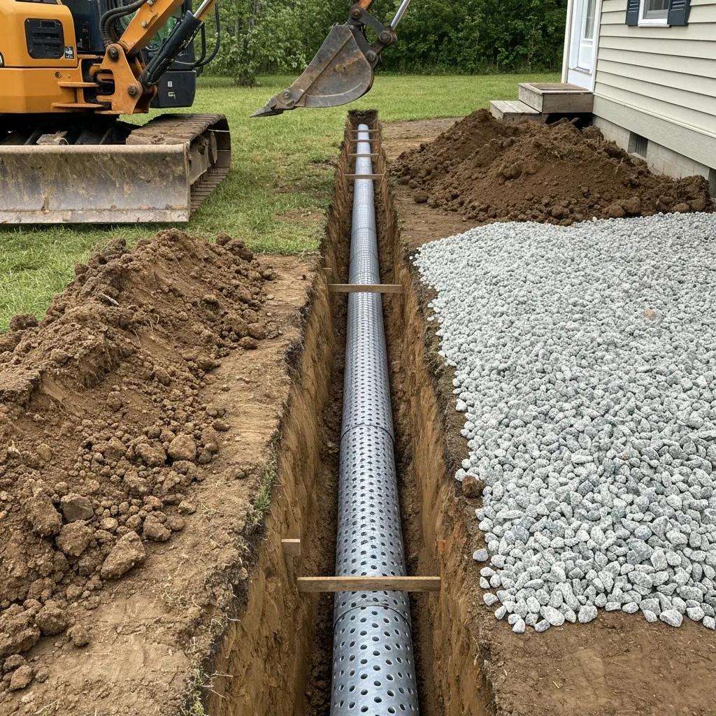 installation-of-a-french-drain-system-with-trench-pipes-and-gravel-in-a-residential-setting-9911d571-35c8-475d-b783-301214209638webp Installation of a French drain system with perforated pipe in a gravel-filled trench, surrounded by excavated soil and construction equipment, illustrating basement waterproofing efforts in a residential setting.