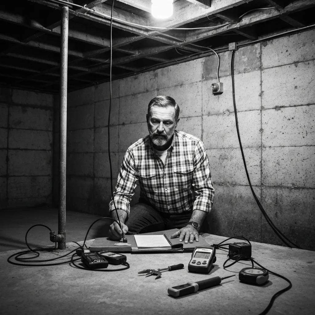 Professional inspecting a basement for leaks with tools emphasizing expertise in basement leak repair | effective basement solution