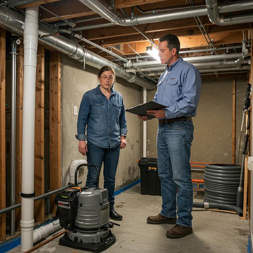 technician installing interior french drain basement waterproofing contractors NJ