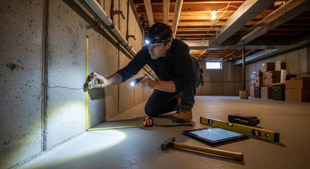 1dcfc881a911472486363861ef7dd372webp | Effective Basement Solution Professional inspecting a homes foundation with tools in a residential basement setting | effective basement solution