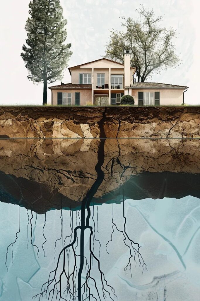 Illustration of hydrostatic pressure effects on a foundation showing water pressure and cracks | effective basement solution