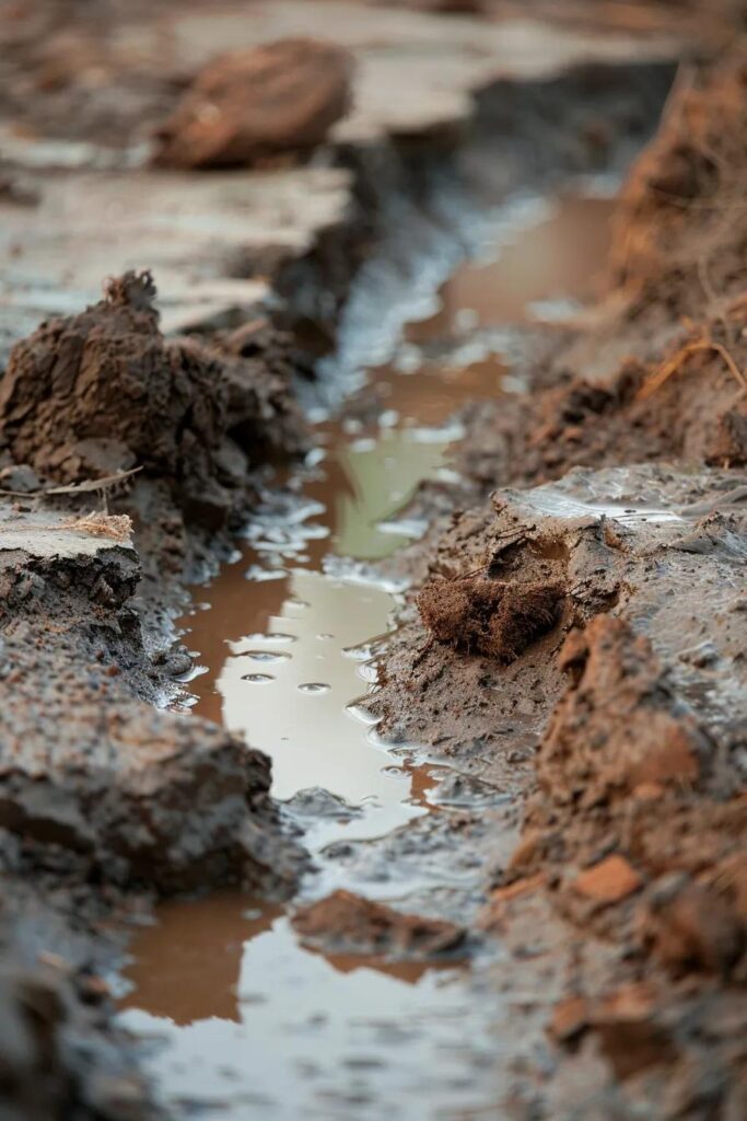 20251222-045545-8ba252a696265dc0-7cc0a586-e508-4d86-9fd3-ec07c686ef7bwebp Wet clay soil with standing water in a trench, illustrating drainage issues relevant to New Jersey's basement waterproofing challenges.