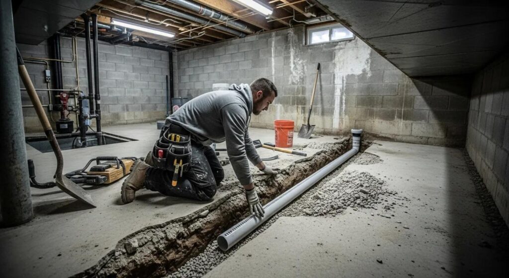 2e1a5ea0336b4d3dbe0b4cb9aa79b362webp | Effective Basement Solution Technician installing interior french drain system to manage hydrostatic pressure in basement | effective basement solution