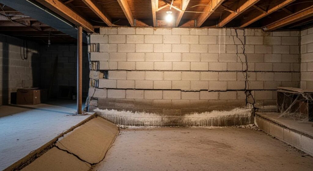 74a60e32db2d434c9c6c93a2c2e3f245webp | Effective Basement Solution Basement showing bowing walls and uneven floors indicating foundation issues | effective basement solution