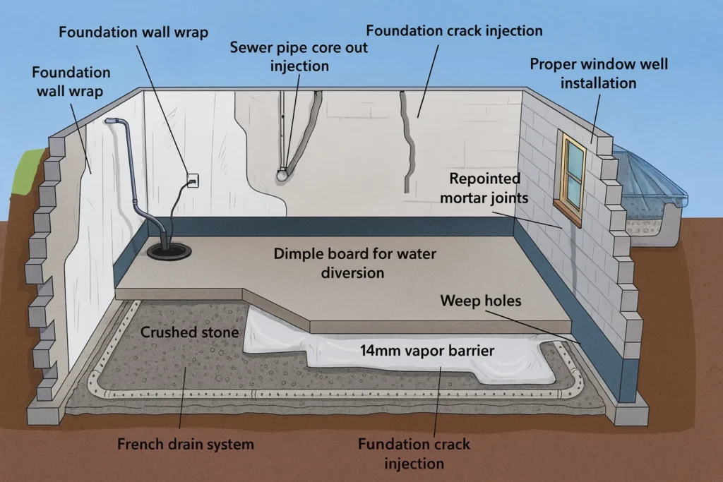 7cee3b98be07489cbb9709937ca1a224webp | Effective Basement Solution Basement waterproofing system installed along poured concrete foundation footing | effective basement solution