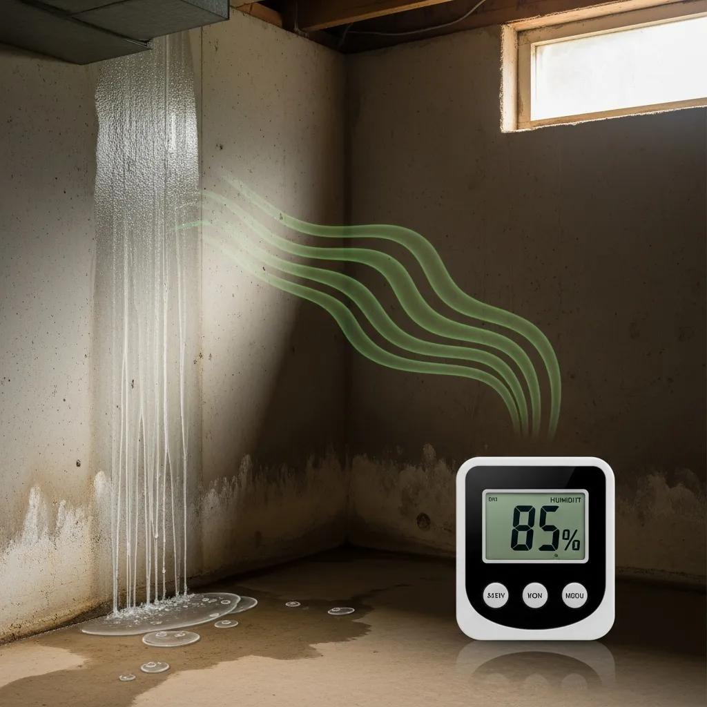 common-signs-of-basement-moisture-including-condensation-on-walls-and-a-hygrometer-indicating-high-humidity-levels-8c7c4872-bd63-4787-abed-cb98d1e76580webp Basement humidity monitor displaying 85% humidity level next to water seepage and condensation on walls, indicating moisture issues and the need for waterproofing solutions.