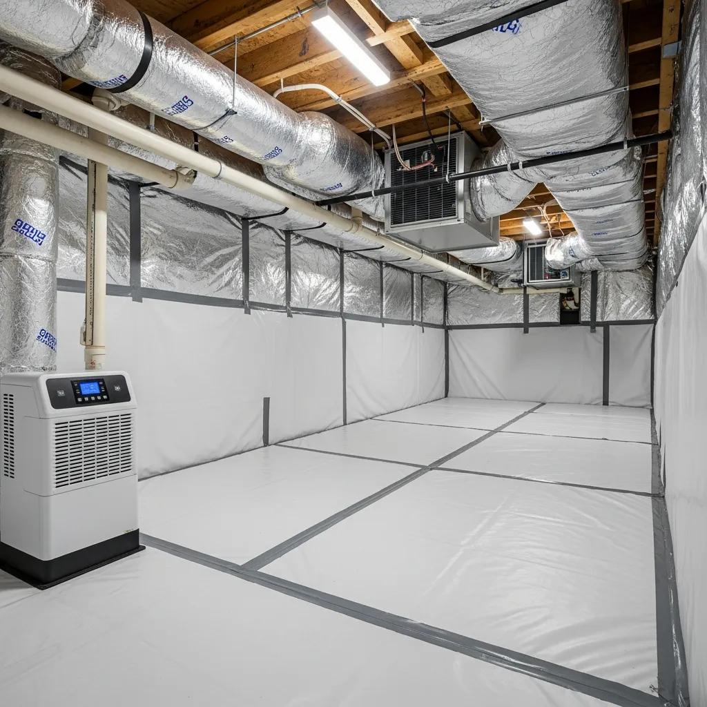 Sealed crawl space with heavy duty vapor barrier and a dehumidifier installed | effective basement solution