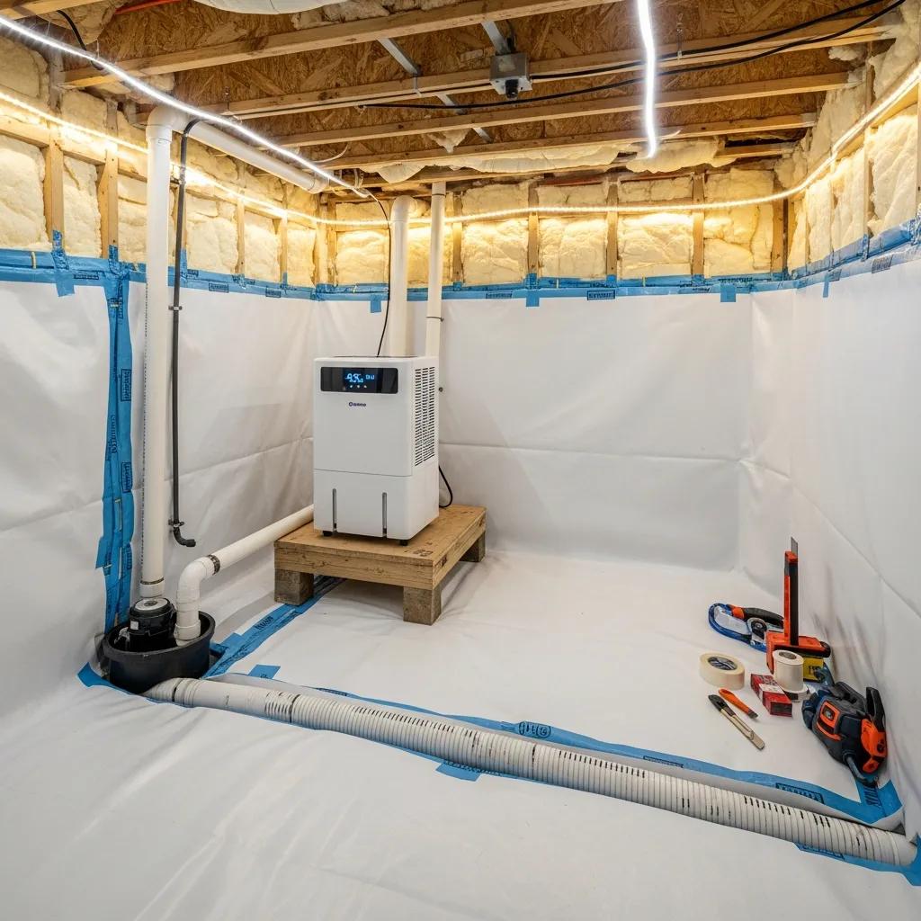 Crawl space encapsulation setup with vapor barrier drainage and dehumidifier for moisture control | effective basement solution