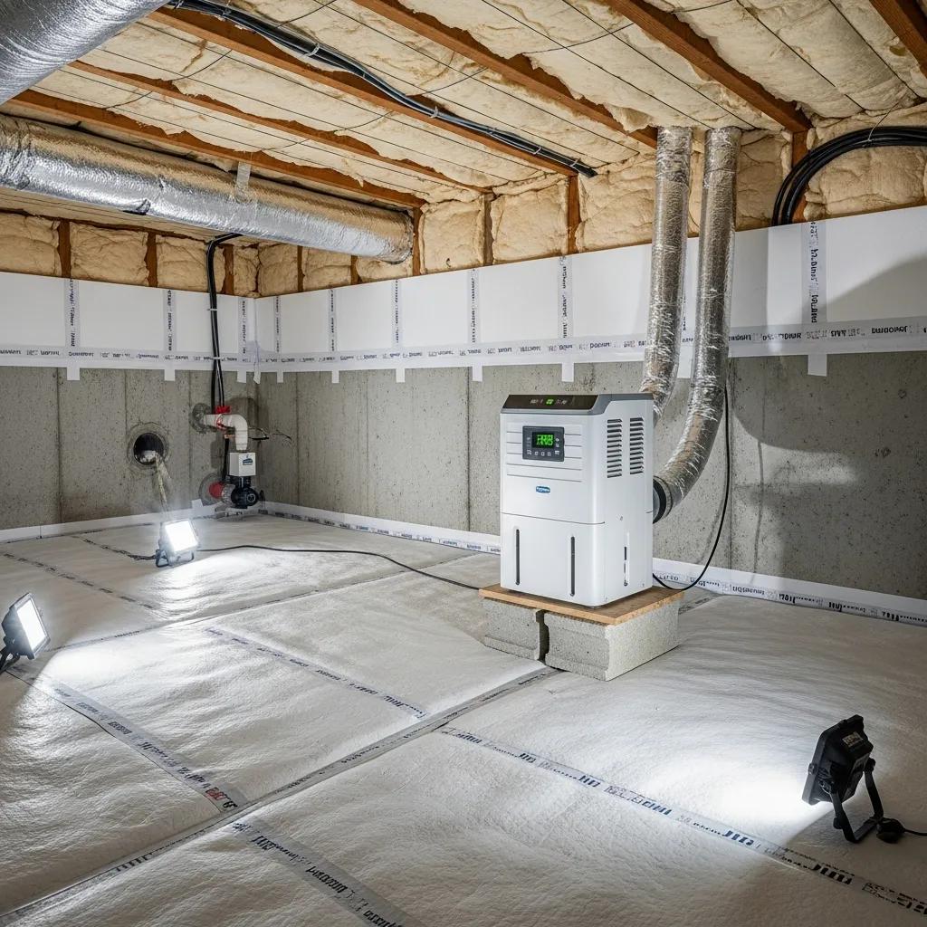 Crawlspaceencapsulationwithvaporbarrieranddehumidifierformoisturecontrol2c92313e1b2c4806832d8828eefb5273webp | Effective Basement Solution Crawl space encapsulation with vapor barrier and dehumidifier to control moisture | effective basement solution
