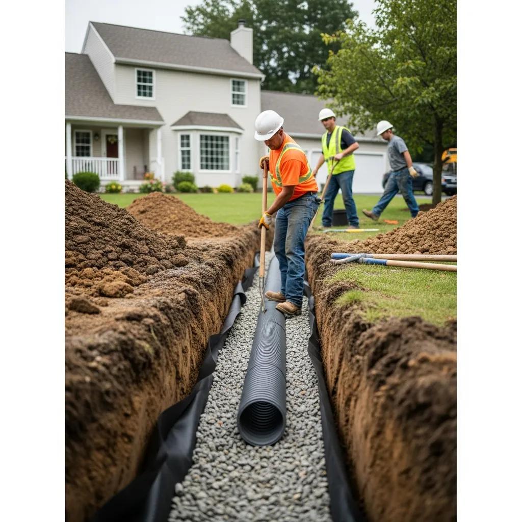 French drain installation process with trench, pipe, and gravel in a New Jersey home
