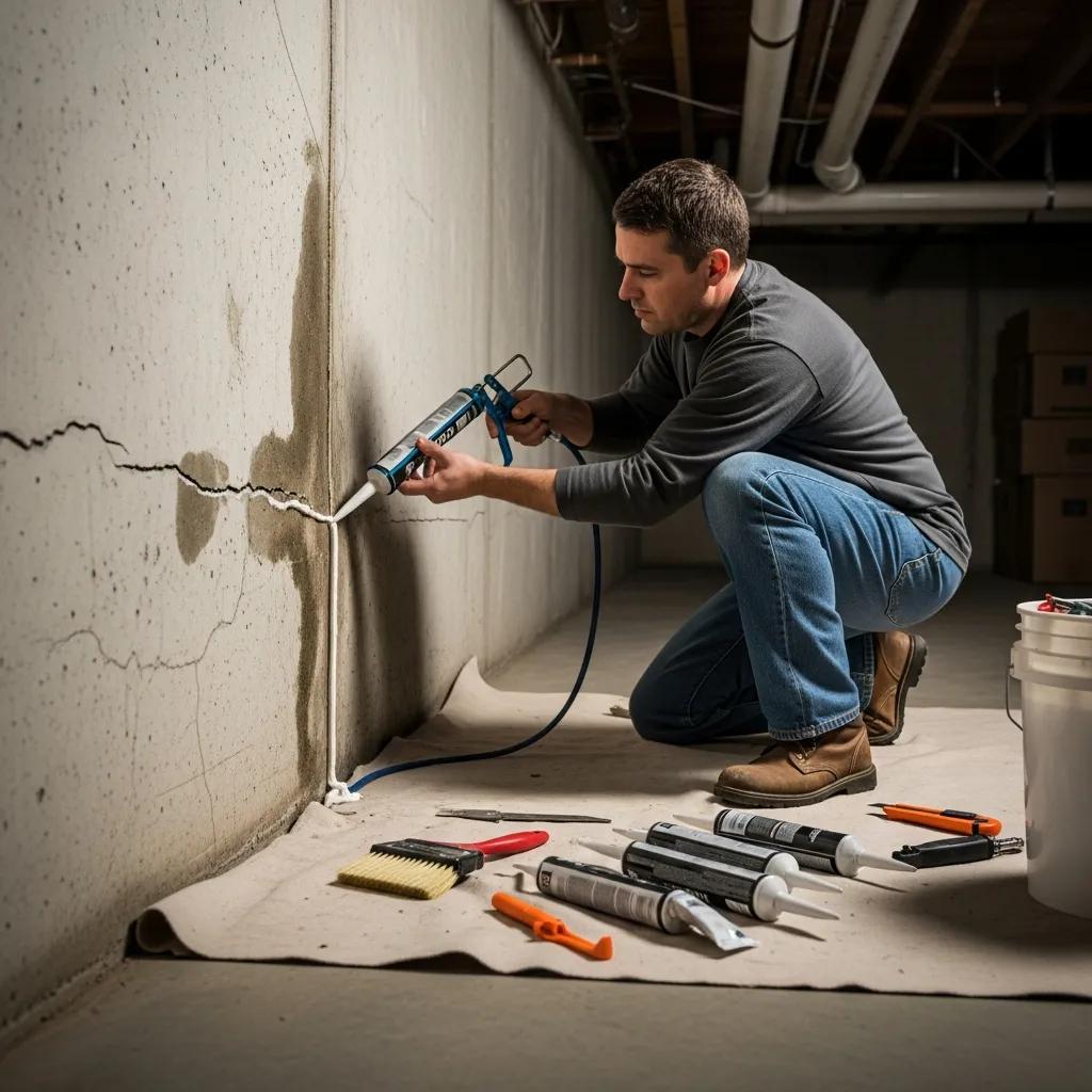 Homeownerapplyingdiysealanttobasementwallcracksd37eef8440b040ee8575a4f5f2db1e24webp | Effective Basement Solution Homeowner applying diy sealant to basement wall cracks | effective basement solution
