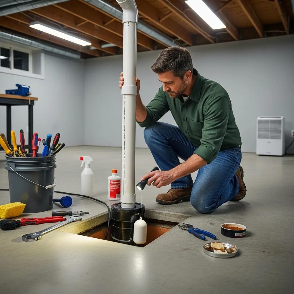 Homeownerperformingmaintenanceonasumppumphighlightingtheimportanceofregularupkeepforbasementprotection95419d12be604e2eab4ea1f7d7f6613cwebp | Effective Basement Solution Homeowner checking a sump pump and its discharge to maintain basement protection | effective basement solution