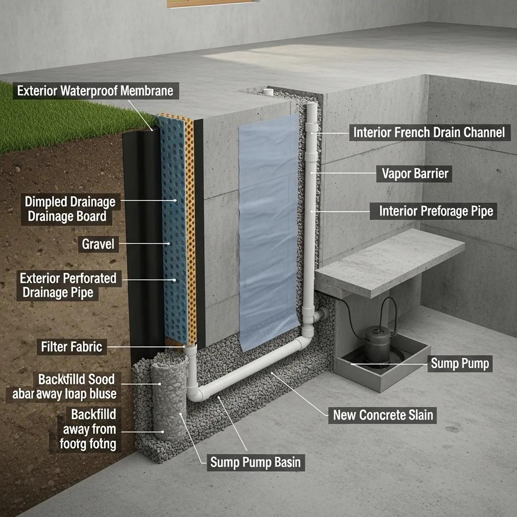 illustration-of-various-basement-waterproofing-solutions-including-french-drains-and-waterproof-membranes-cd47daba-8d32-46ea-b429-5d1be9d77911webp Illustration of various basement waterproofing solutions, including exterior waterproof membrane, dimpled drainage board, interior French drain channel, sump pump basin, and vapor barrier, highlighting effective moisture control methods for homes.
