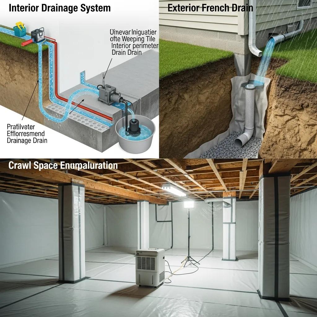 Illustrationofvariousbasementwaterproofingsolutionsincludinginteriordrainagefrenchdrainsandencapsulation6154d2585e524ae39aab1734cb810626webp | Effective Basement Solution Illustration of various basement waterproofing solutions including interior drainage french drains and encapsulation | effective basement solution