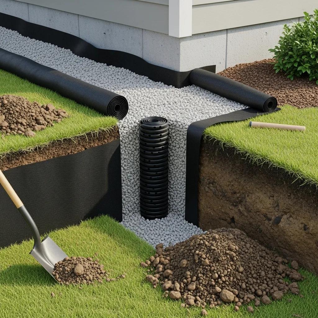 Installationofafrenchdrainsysteminaresidentialyardtopreventbasementflooding68bee304ae4347328e0d05d262be3a03webp | Effective Basement Solutions Installation of a french drain system in a residential yard to prevent basement flooding | effective basement solutions