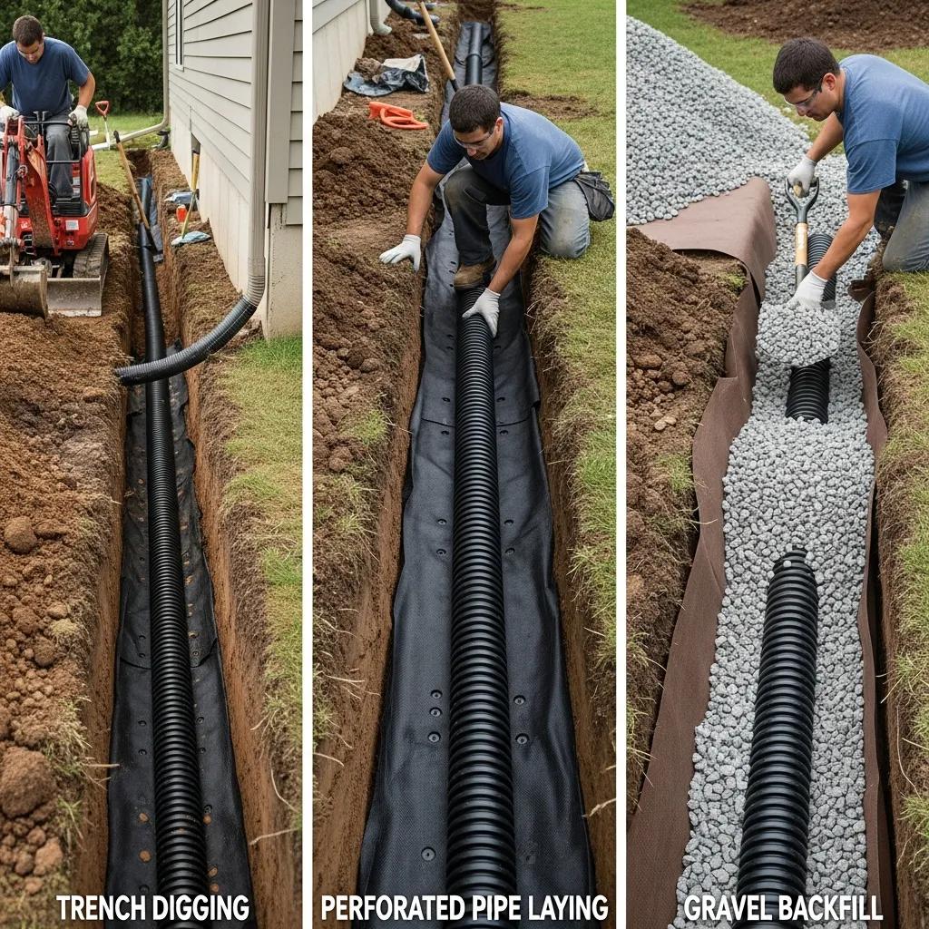 Installation of a french drain system to prevent basement flooding | effective basement solution