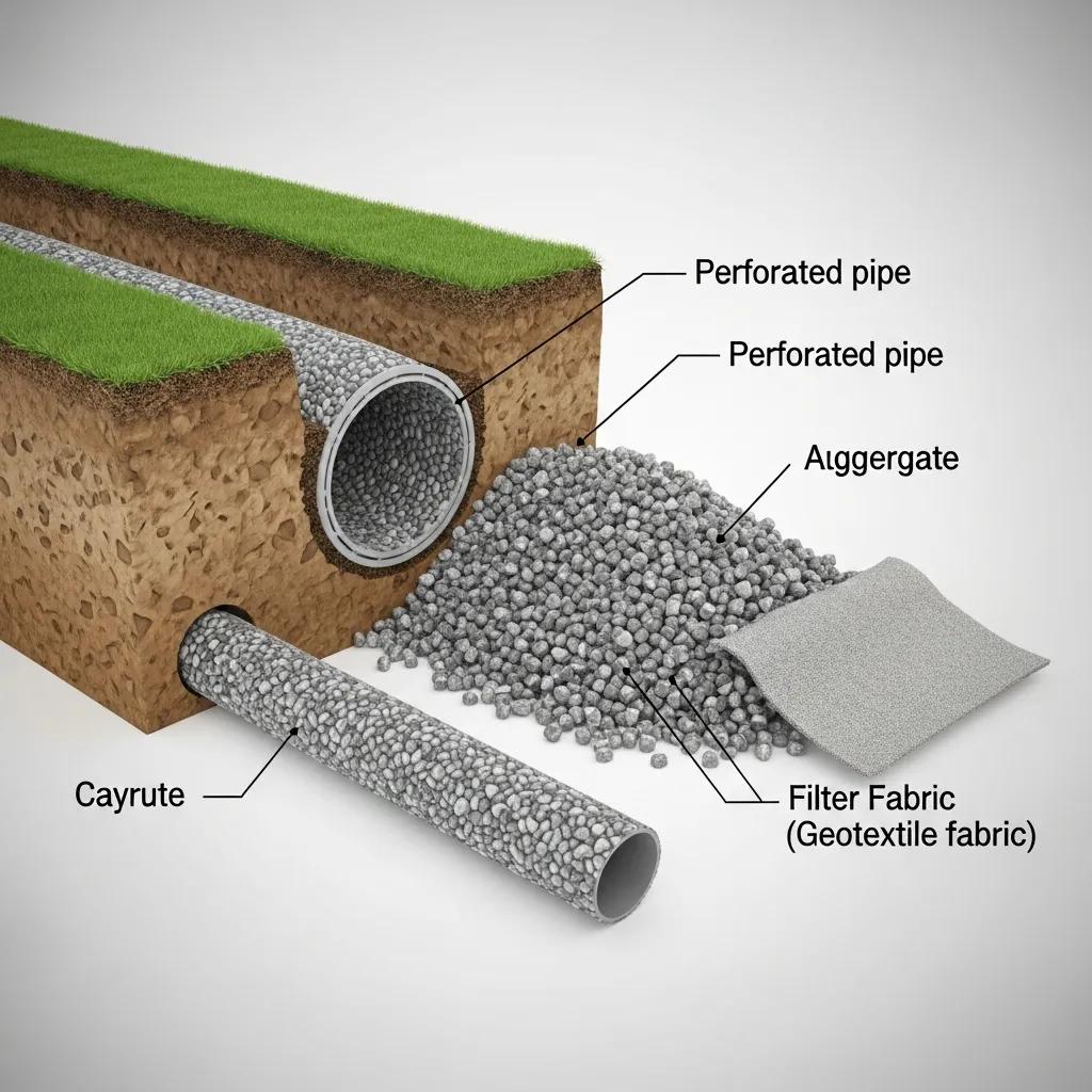 Keycomponentsofafrenchdrainsystemincludingtrenchpipeaggregateandfilterfabric62a492422f6e4a1e976186997d302ec9webp | Effective Basement Solutions Key components of a french drain system including trench pipe aggregate and filter fabric | effective basement solutions