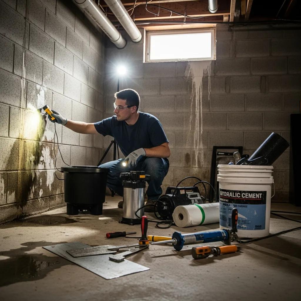 Professionaltechnicianinspectingabasementforwaterproofingsolutionsinunionnj6a26c57c9cc84dfea27b36d456091142webp | Effective Basement Solutions Professional technician inspecting basement wall for moisture damage, equipped with tools for waterproofing solutions, including hydraulic cement and sump pump, in Union, NJ.