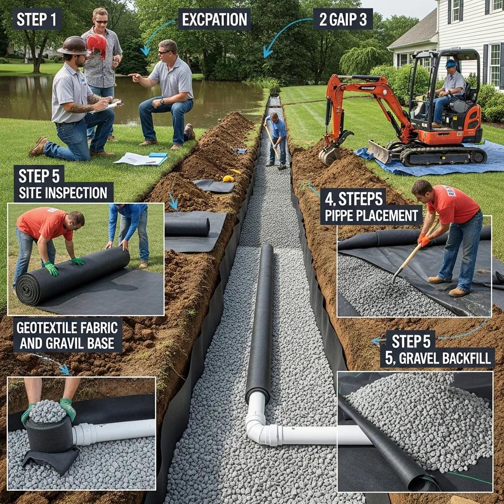 Stepbystepfrenchdraininstallationprocesswithtechnicianandequipmentinaresidentialsettingc9f9ae1669f947abafd4ba4544959decwebp | Effective Basement Solutions Step by step french drain installation process with technician and equipment in a residential setting | effective basement solutions