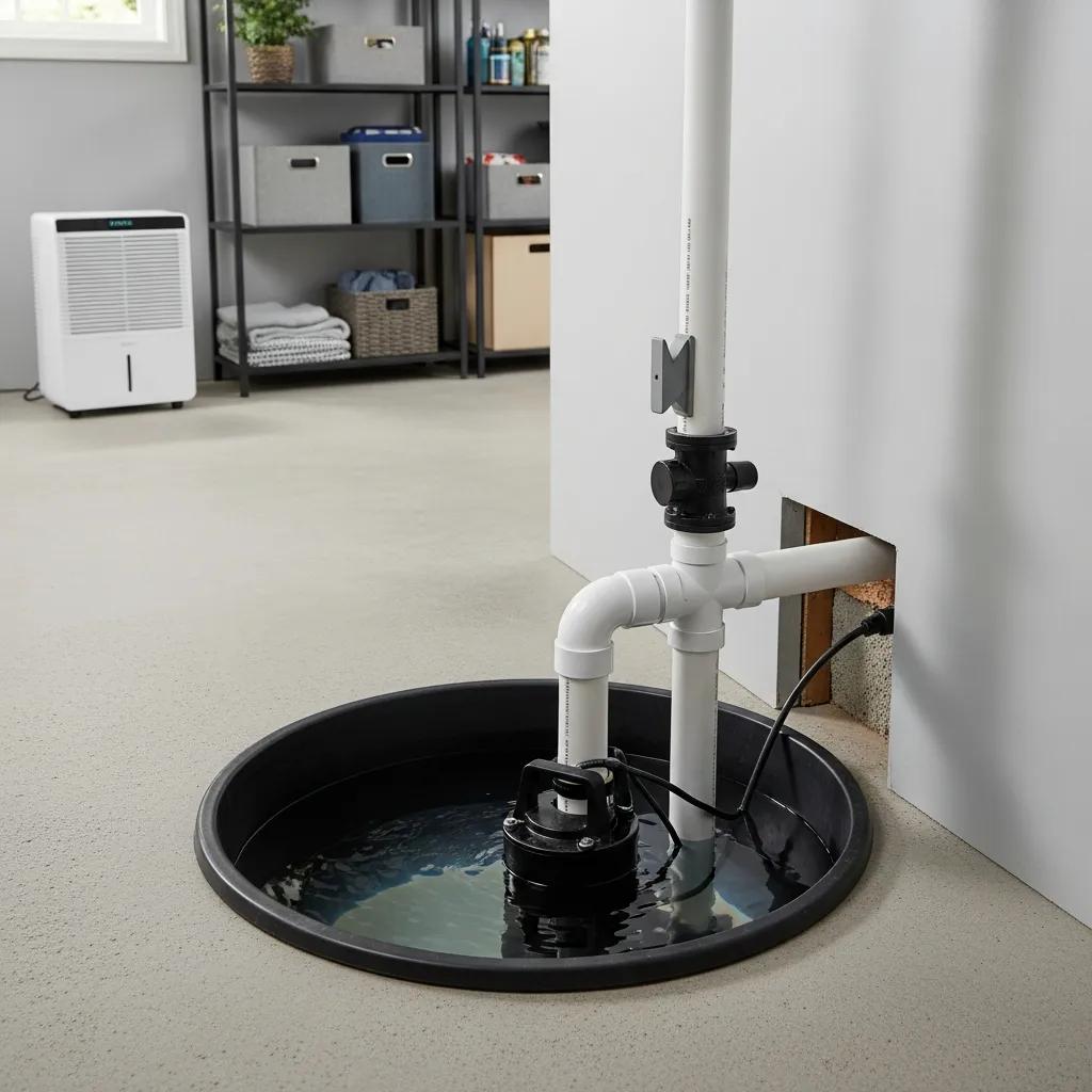 Sumppumpsysteminbasementeffectivelyremovingwatertopreventfloodingf74df9a42e644b74b09000cfb4c755a1webp | Effective Basement Solution Sump pump system in basement effectively removing water to prevent flooding | effective basement solution